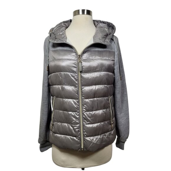 Frime Silver & Gray Puffer Jacket Women’s Size Medium Hooded Zip-Up - Picture 2 of 9